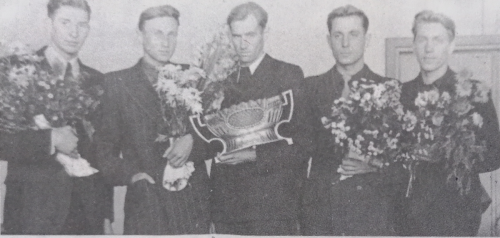 keturi olimpiečiai. K.Petkevičius, J. Lagunavičius, V. Kulakauskas, S. Butautas ir V. Sercevičius
